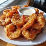 A plate piled high with golden brown Baked Batter Fried Shrimp served with a small ramekin of creamy garlic dipping sauce.
