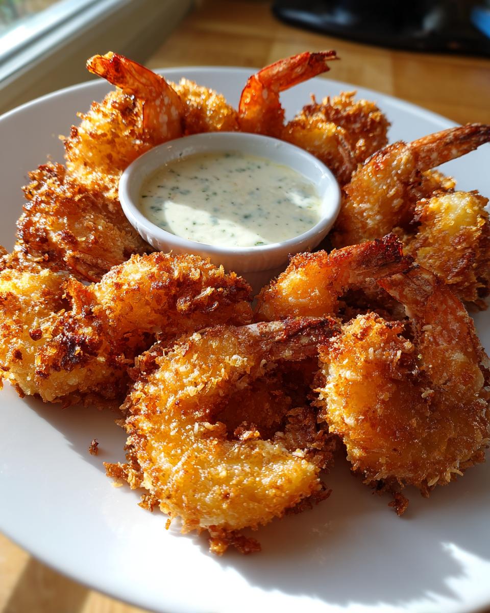 A plate of golden brown Baked Batter Fried Shrimp arranged around a small bowl of creamy garlic dipping sauce.