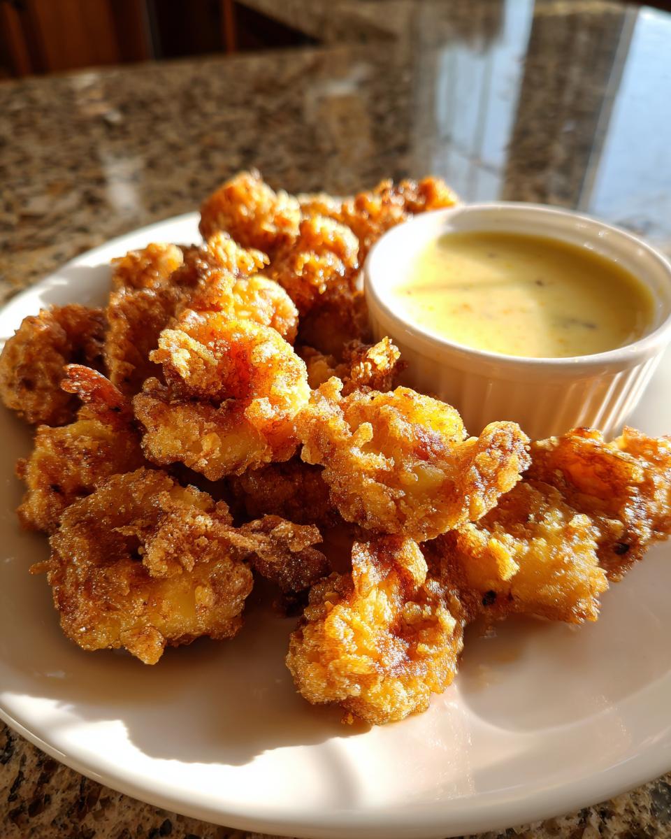 A plate piled high with golden brown Baked Batter Fried Shrimp next to a small ramekin of garlic dipping sauce.