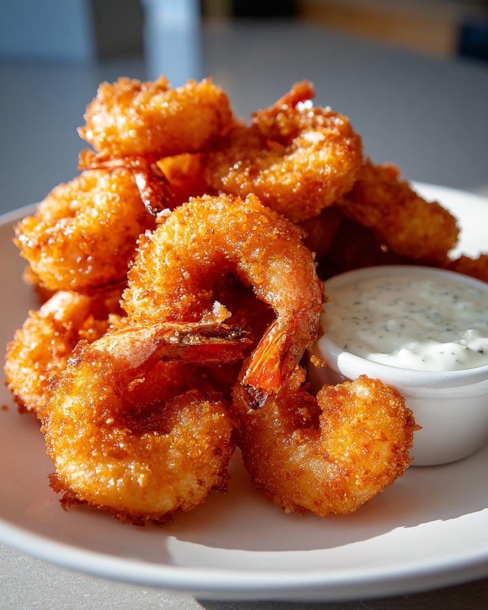 A pile of golden brown, crispy Baked Batter Fried Shrimp served with a side of creamy garlic dipping sauce.
