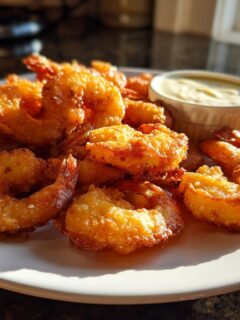 A plate piled high with golden brown Baked Batter Fried Shrimp served with a small ramekin of creamy garlic dipping sauce.