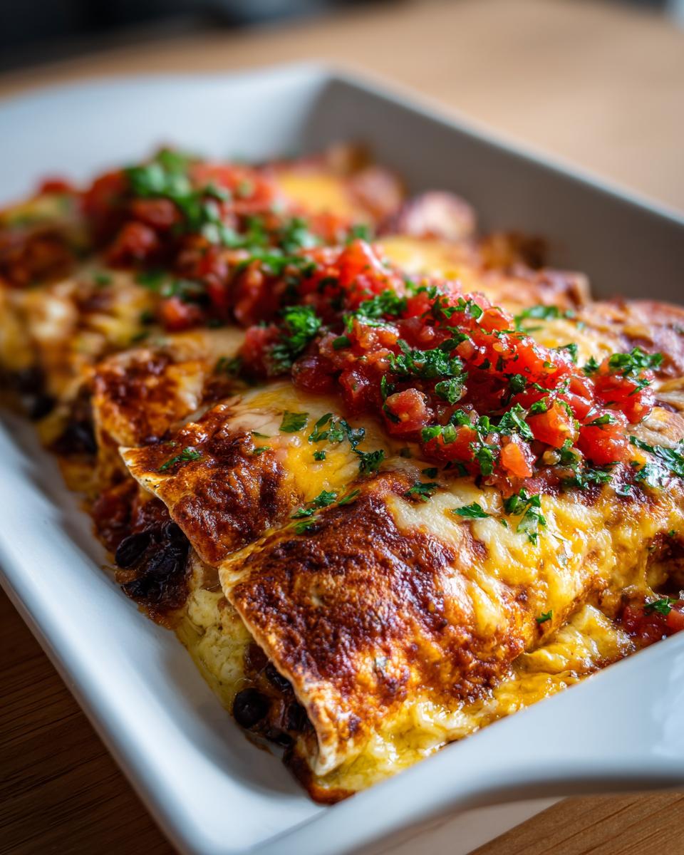 Close-up of baked Breakfast Enchiladas covered in melted, browned cheese and topped with fresh salsa and chopped cilantro.