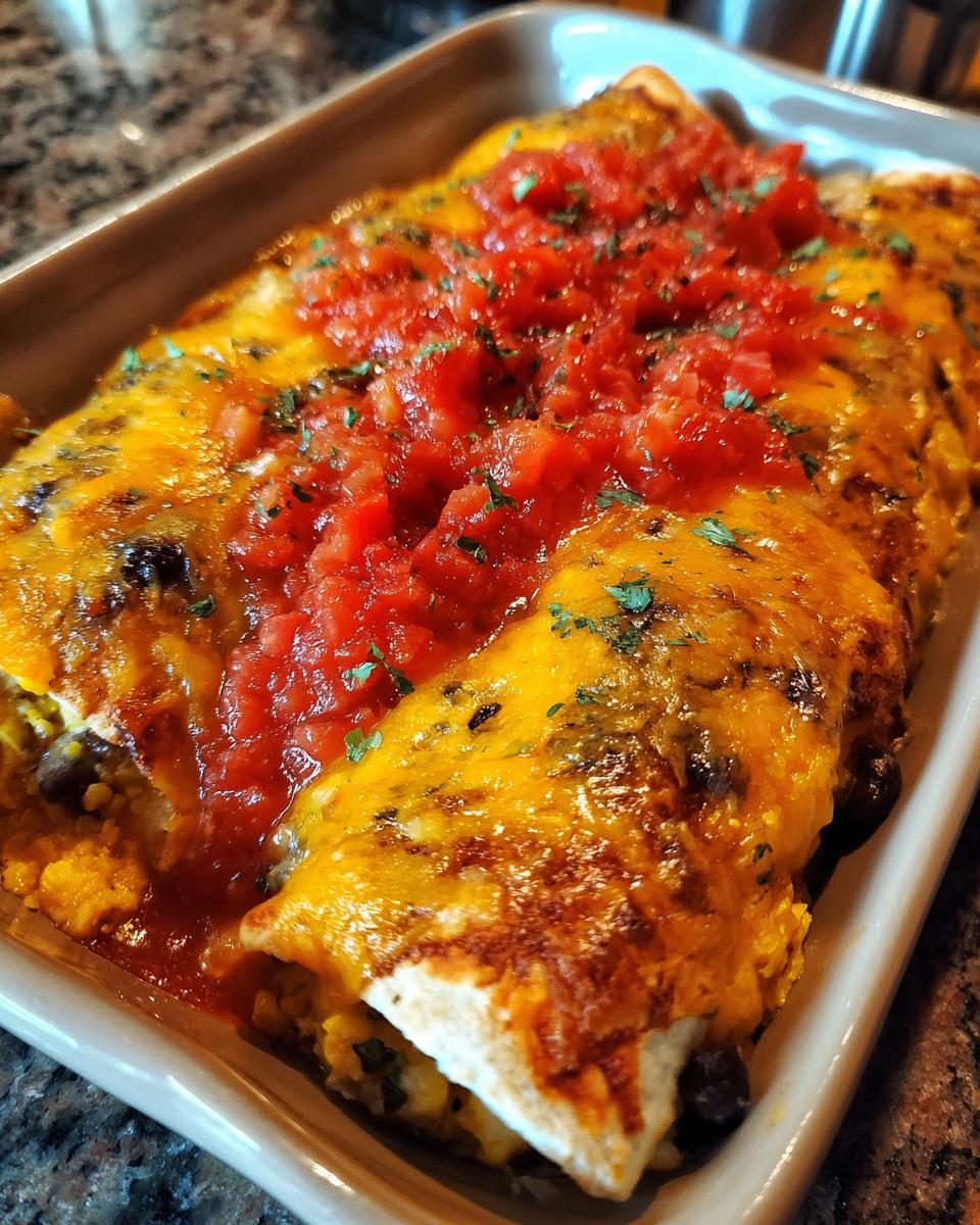 Close-up of baked Breakfast Enchiladas covered in melted cheddar cheese and topped with chunky red salsa.