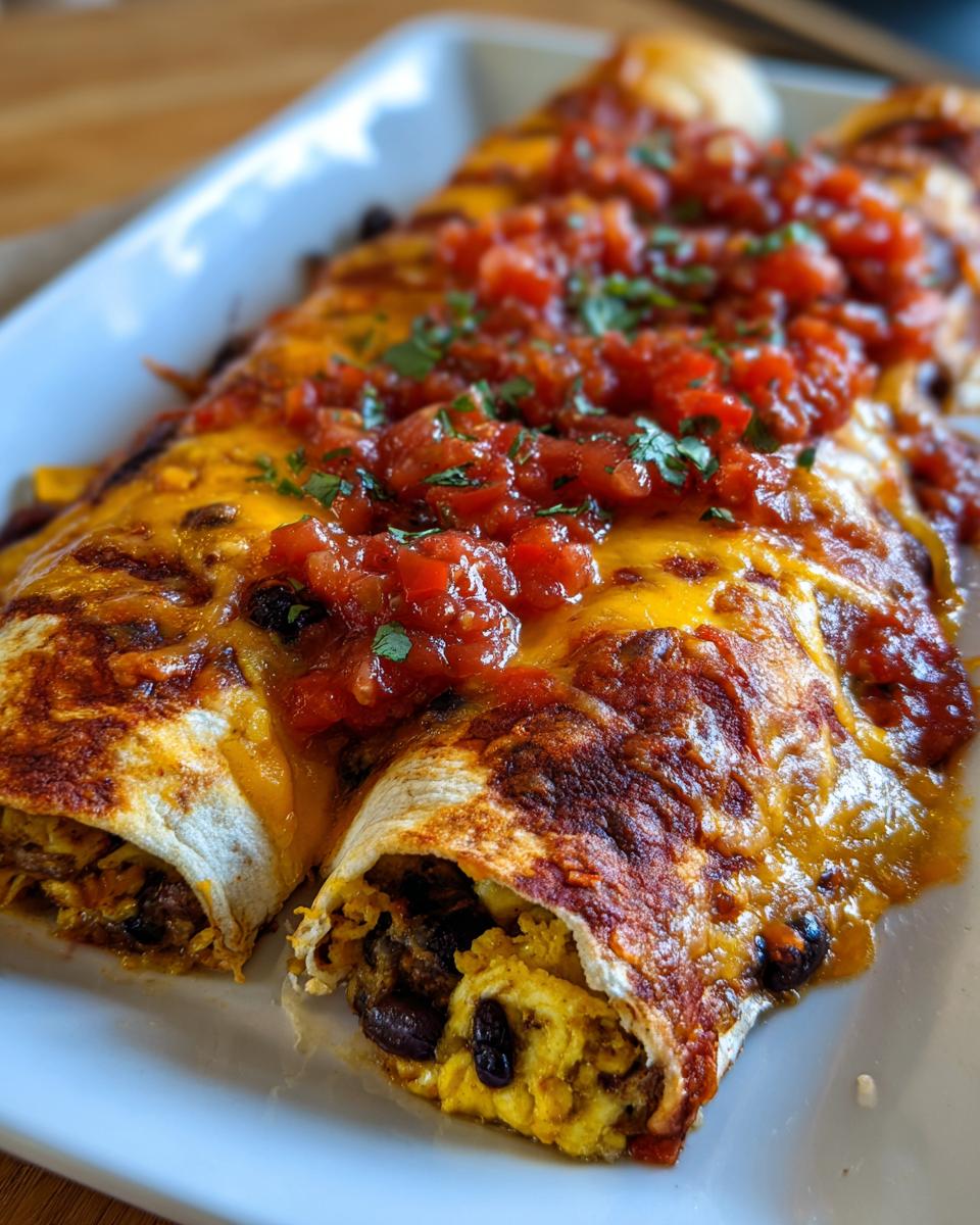 Close-up of two baked Breakfast Enchiladas covered in melted cheddar cheese and topped with fresh salsa.