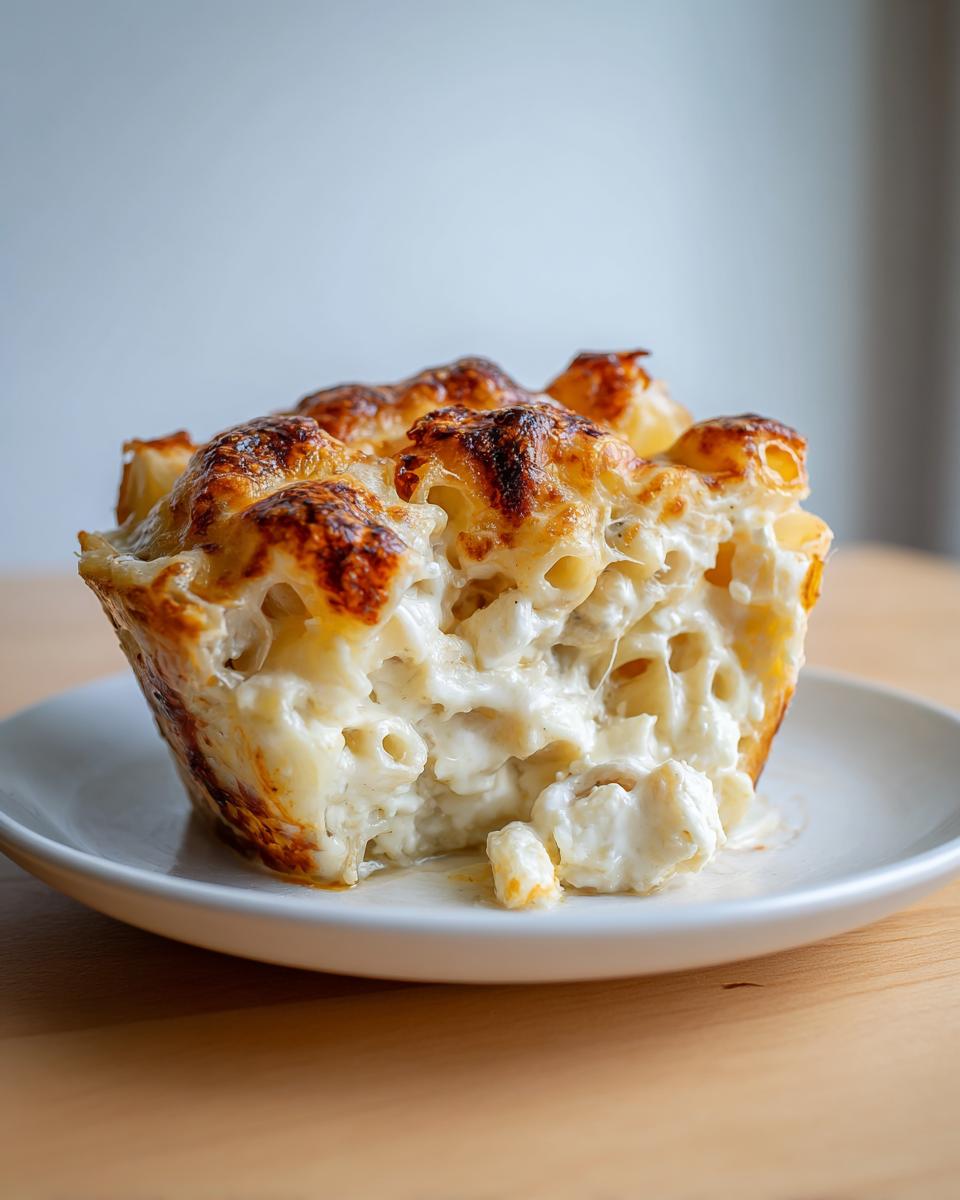 A close-up of a baked macaroni with feta cheese portion showing creamy interior and a golden-brown, bubbly crust.