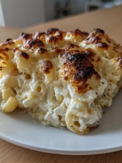 A square portion of creamy Baked Macaroni With Feta Cheese, featuring a golden-brown, bubbly, and slightly charred top crust.