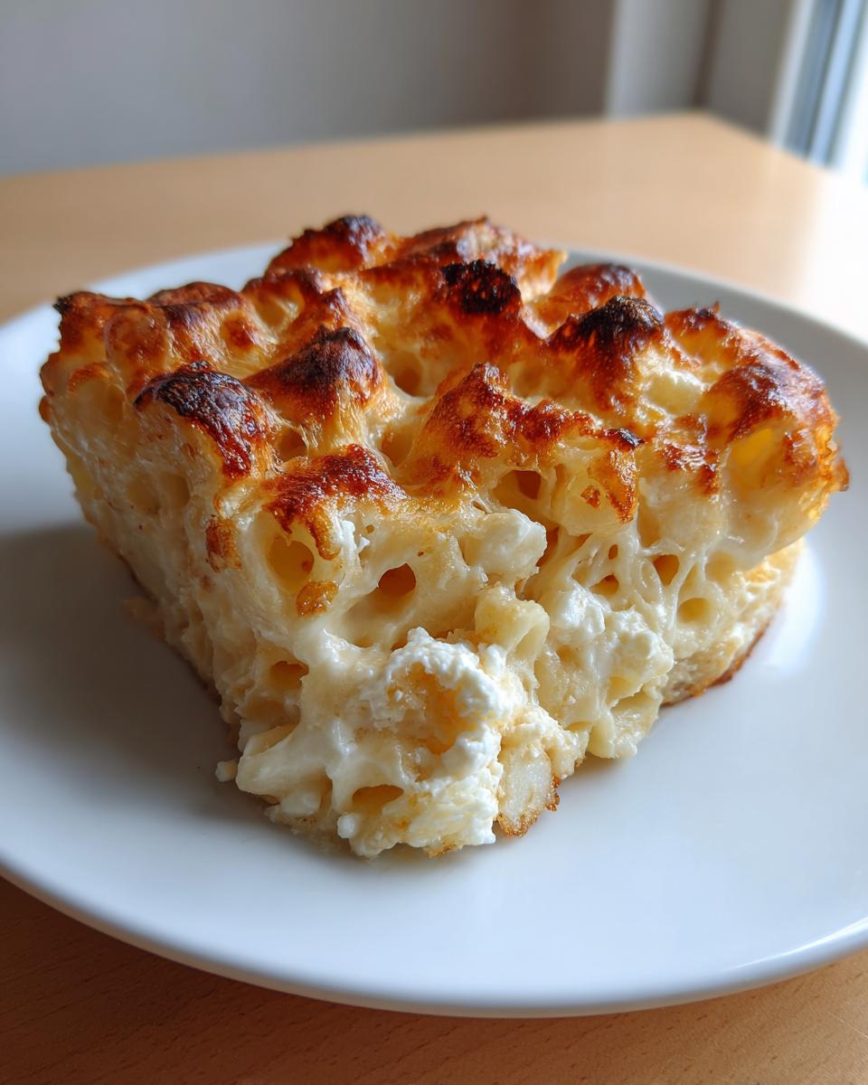 A close-up of a square slice of Baked Macaroni With Feta Cheese, showing creamy pasta and a deeply browned, bubbly top crust.