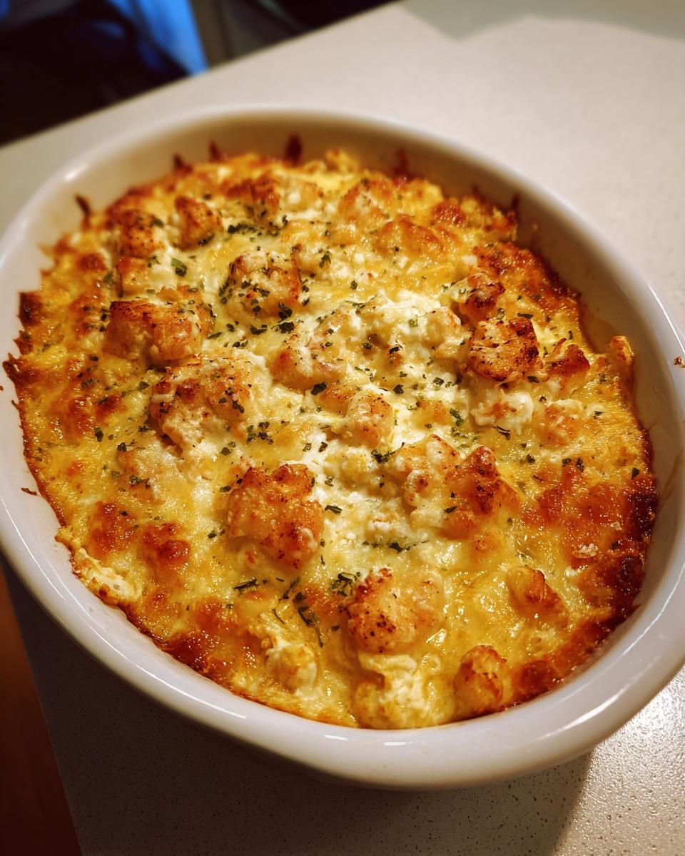 A close-up of hot, bubbly Baked Shrimp Dip topped with golden cheese and green herbs in a white oval dish.