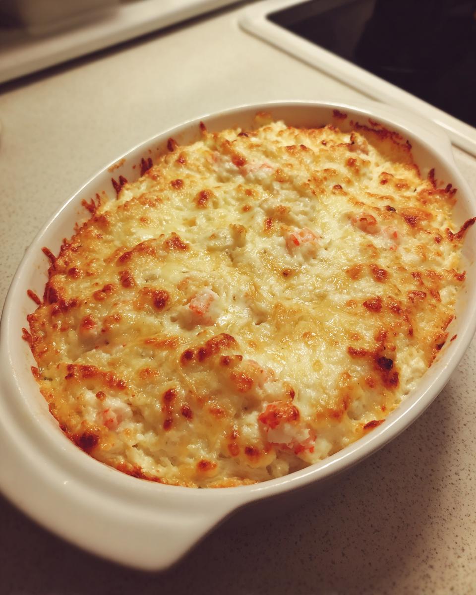 A hot, bubbly Baked Shrimp Dip with a golden-brown, cheesy crust in an oval white baking dish.