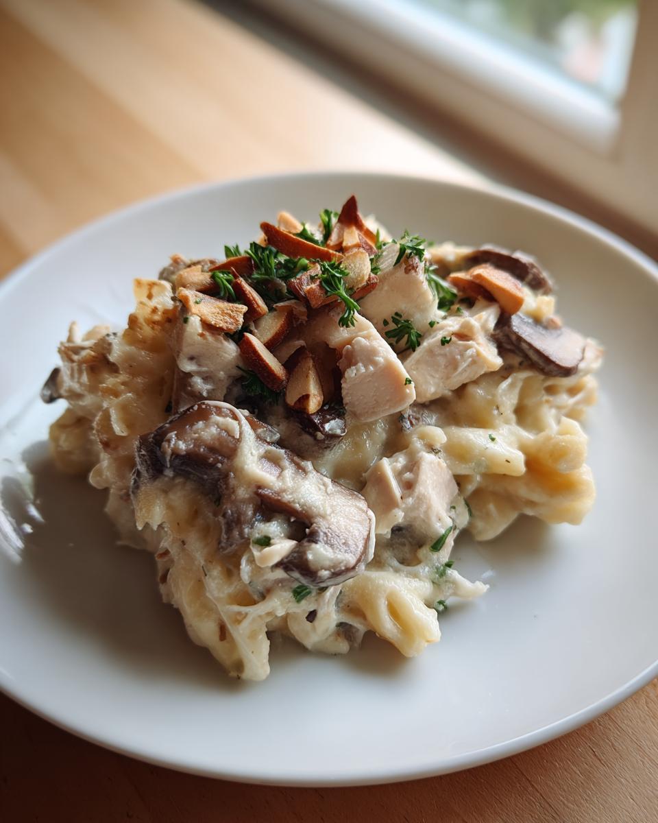 A serving of creamy Baked Turkey Tetrazzini topped with sliced mushrooms, diced turkey, toasted almonds, and parsley.