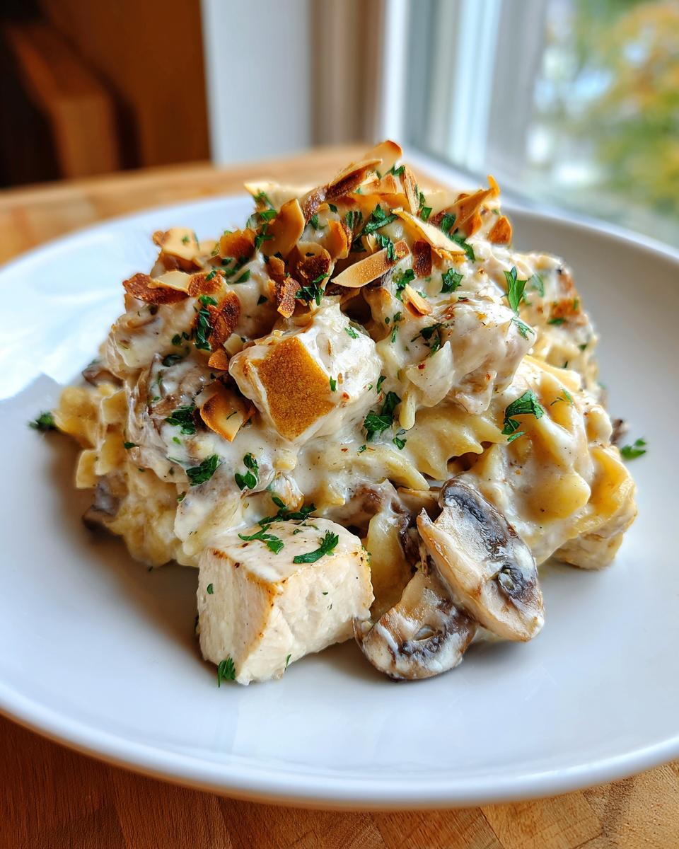 Close-up of a serving of creamy Baked Turkey Tetrazzini topped with toasted sliced almonds and parsley.