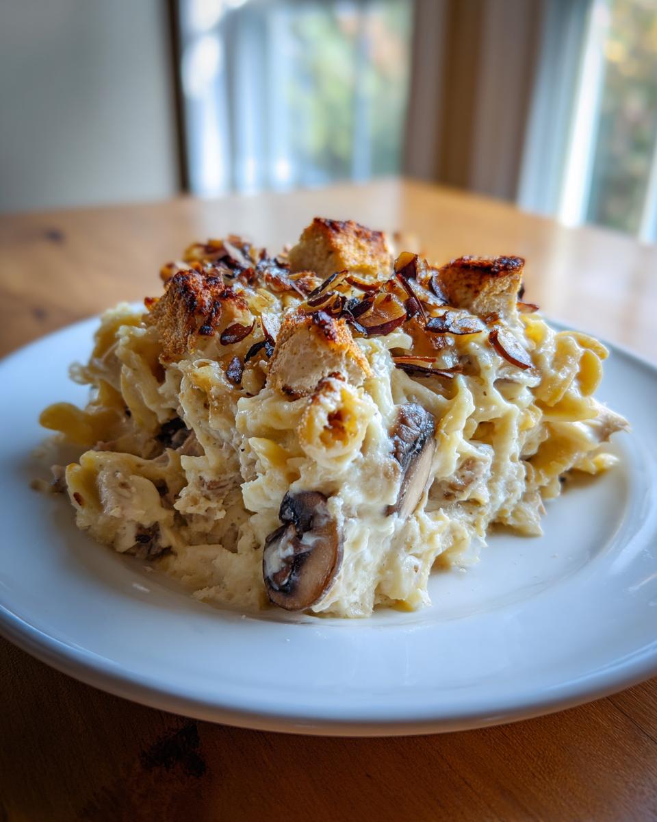 A serving of creamy Baked Turkey Tetrazzini topped with croutons and toasted almonds on a white plate.