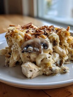 A close-up serving of creamy Baked Turkey Tetrazzini topped with mushrooms and toasted almonds on a white plate.