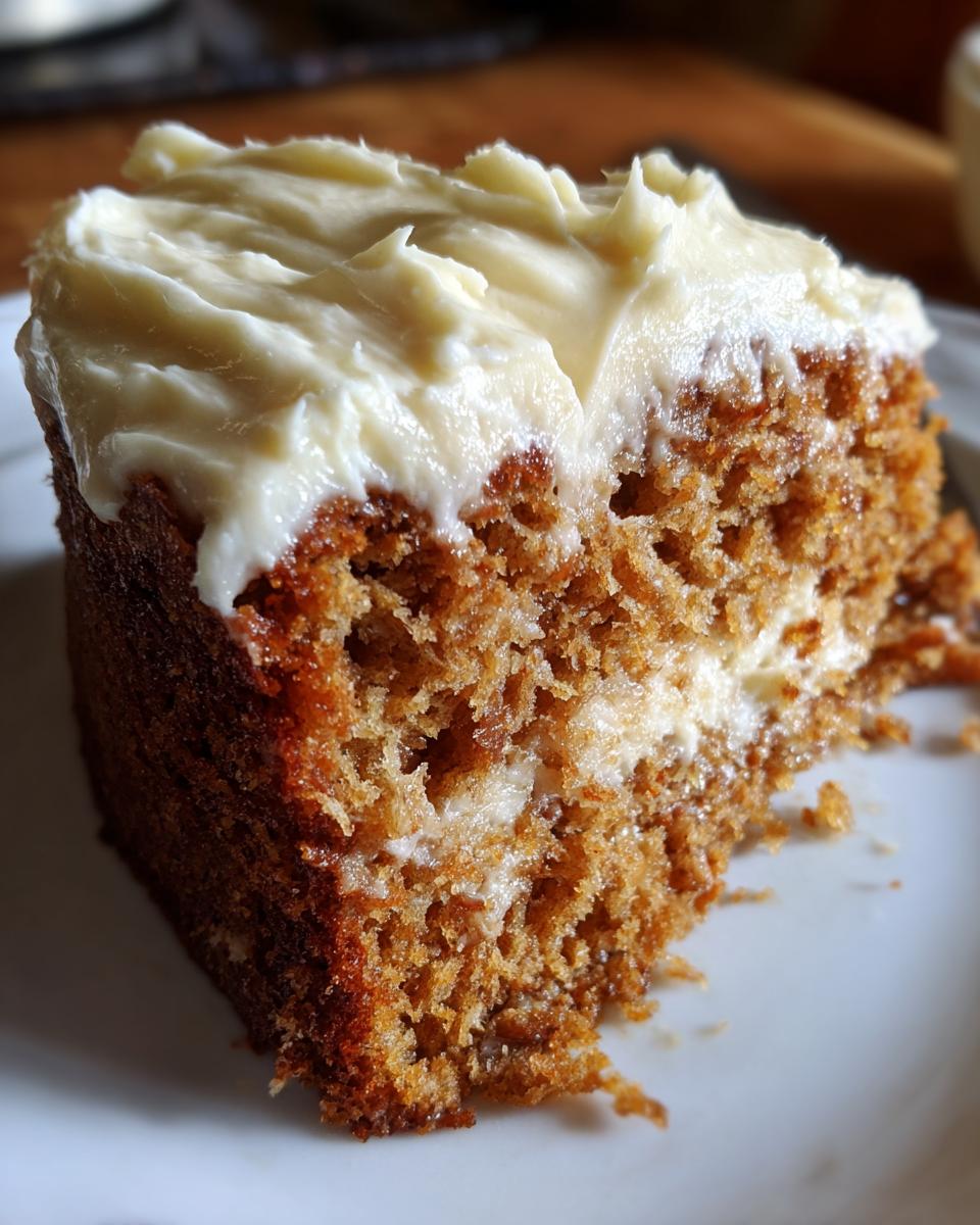 Close-up of a moist slice of Banana Cake With Cream Cheese Frosting showing the crumb texture.