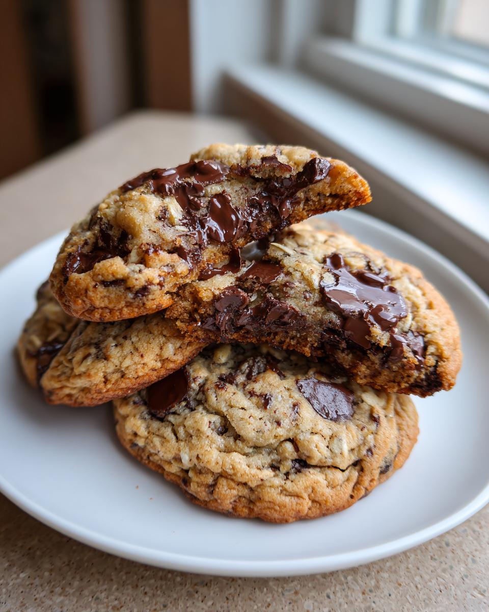 Close-up of three Banana Oats Chocolate Chip Cookies stacked, with the top one broken open revealing melted chocolate.