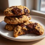 A stack of three Banana Oats Chocolate Chip Cookies, with the bottom one bitten to show gooey melted chocolate.