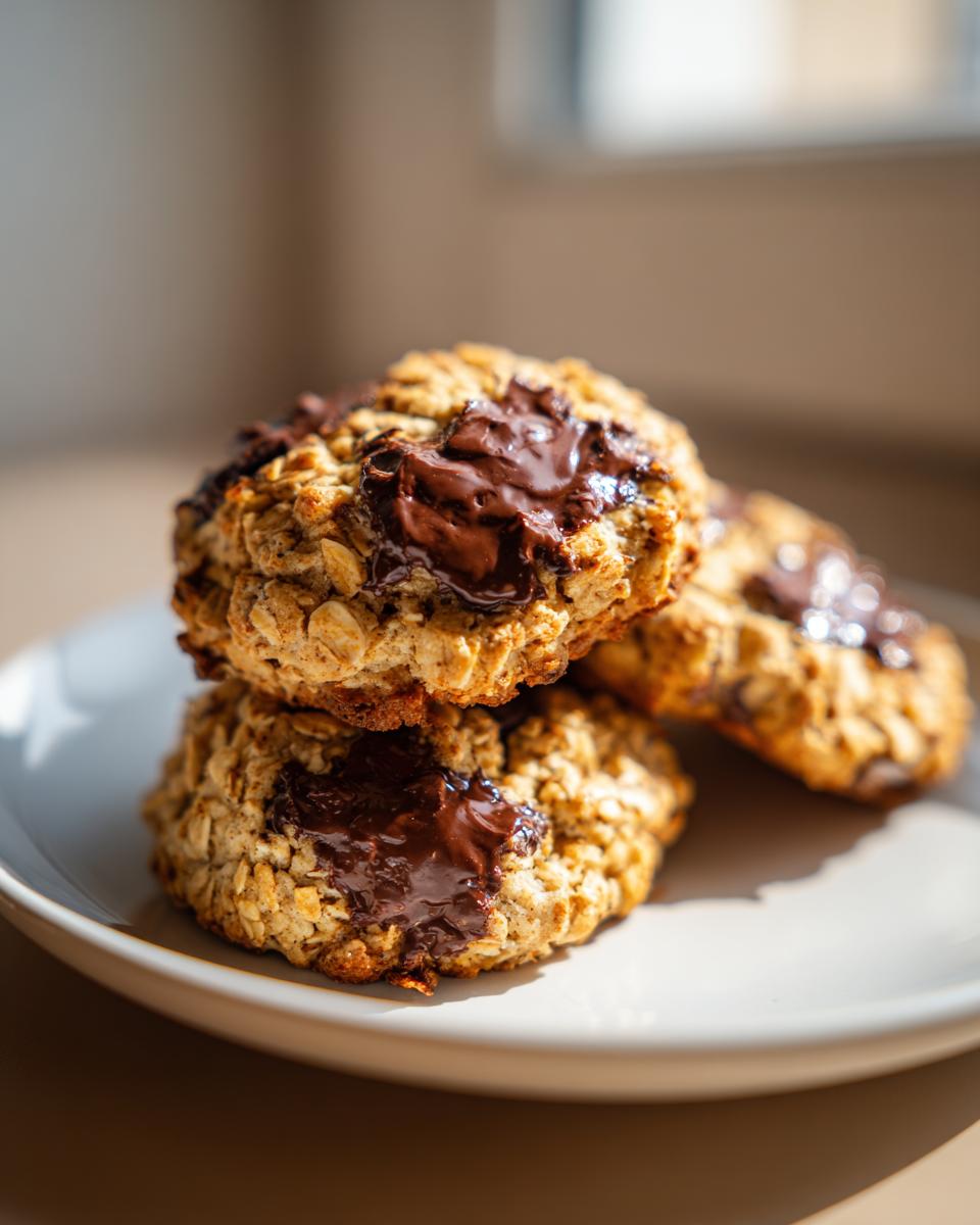 A stack of three soft Banana Oats Chocolate Chip Cookies topped with melted chocolate chunks.