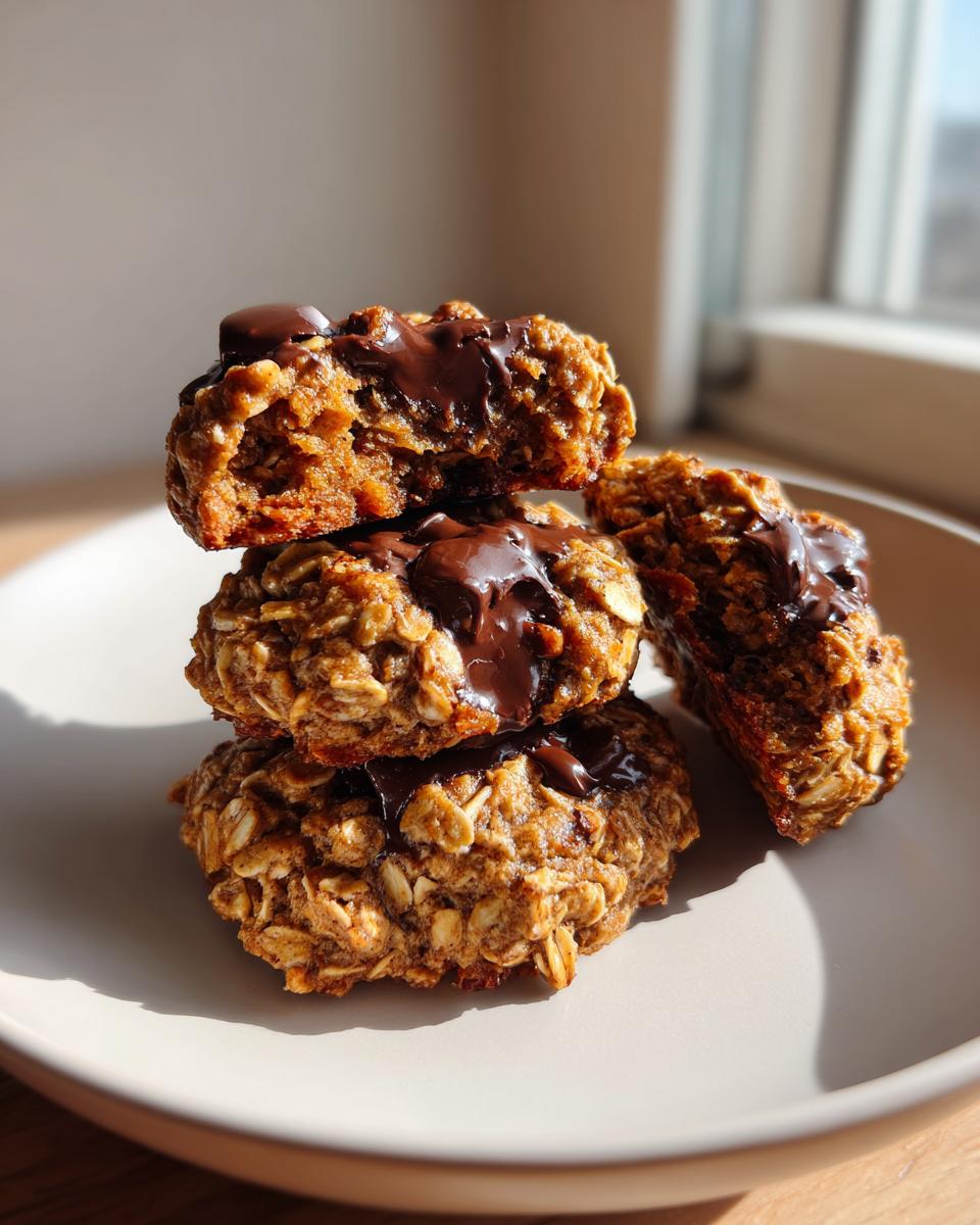 A stack of three moist Banana Oats Chocolate Chip Cookies topped with melted dark chocolate, one cookie is broken open.