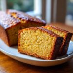 Close-up of two thick slices of golden Banana Pound Cake on a white platter.