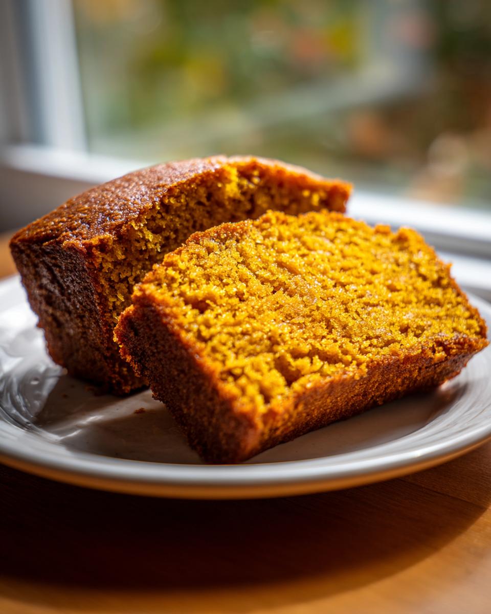 Two thick slices of moist, golden-orange Banana Pound Cake resting on a white plate near a window.