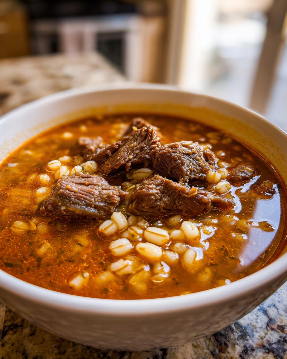 Close-up of a white bowl filled with rich, savory Beef Barley Soup featuring chunks of tender beef and plump barley grains.