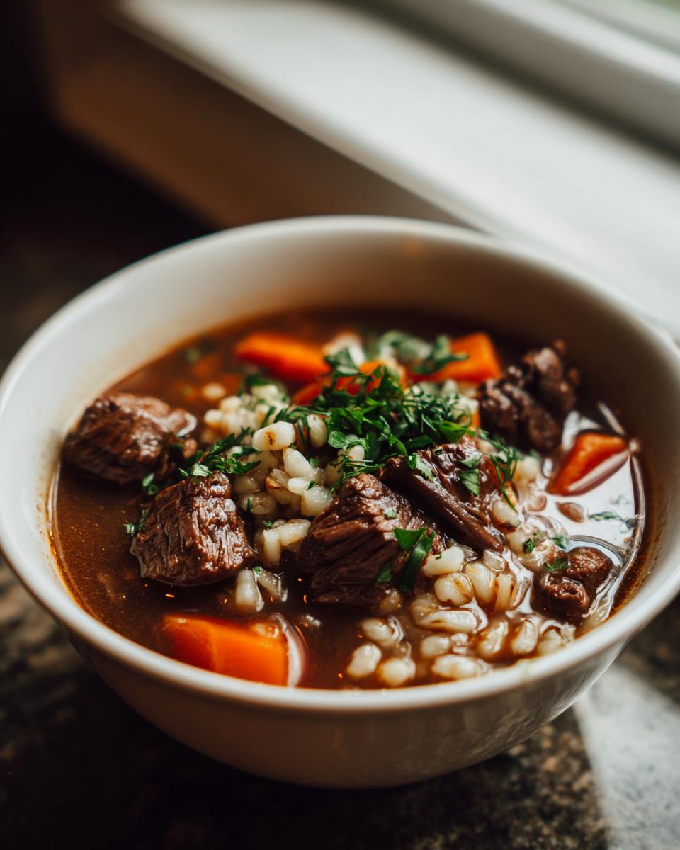 Close-up of a white bowl filled with rich Beef Barley Soup, featuring chunks of beef, pearl barley, and carrots, topped with fresh parsley.