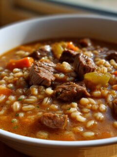 Close-up of a white bowl filled with rich Beef Barley Soup, featuring chunks of beef, carrots, and plump barley grains.