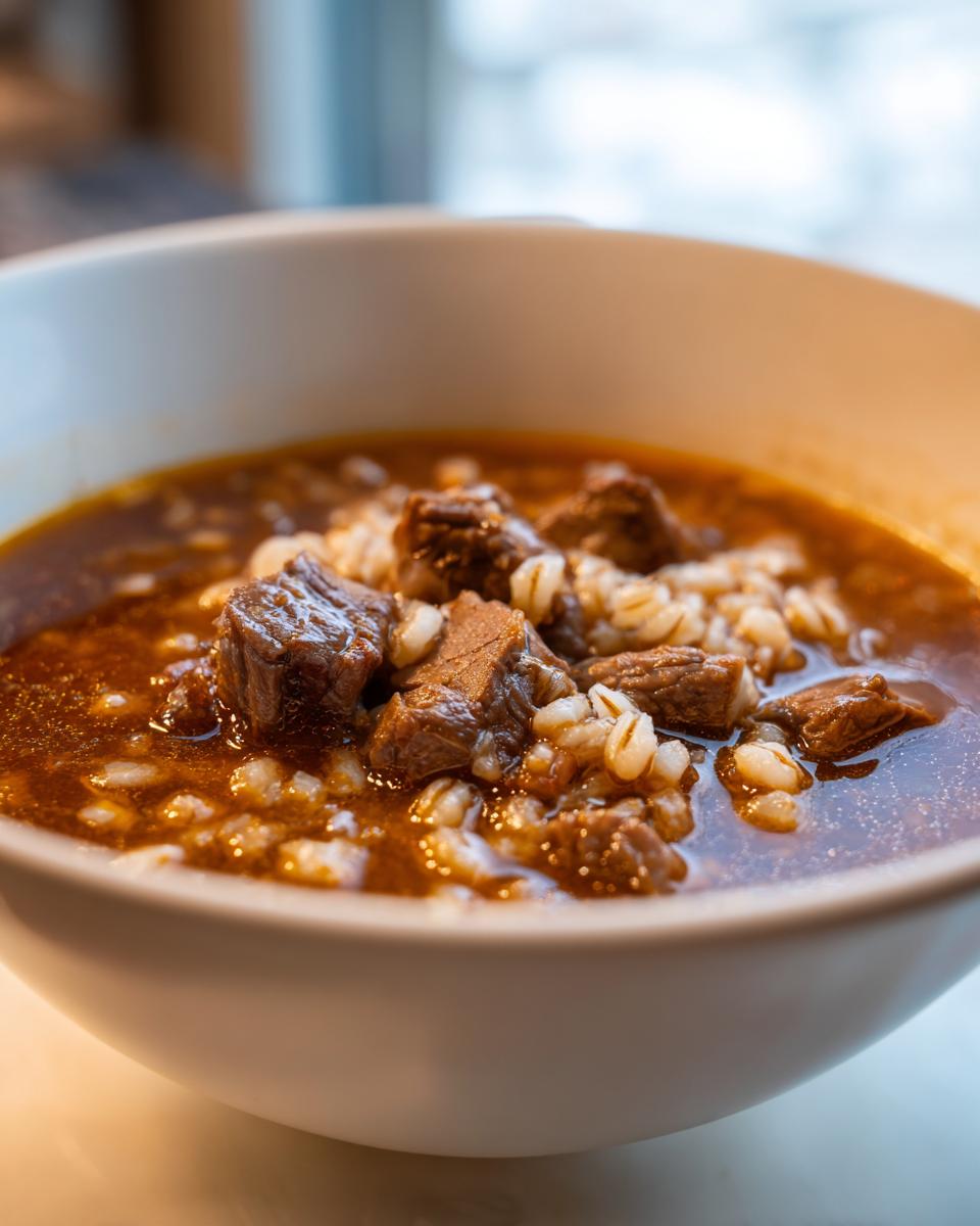 Close-up of a white bowl filled with rich, dark broth, tender chunks of beef, and plump barley grains from the Beef Barley Soup.
