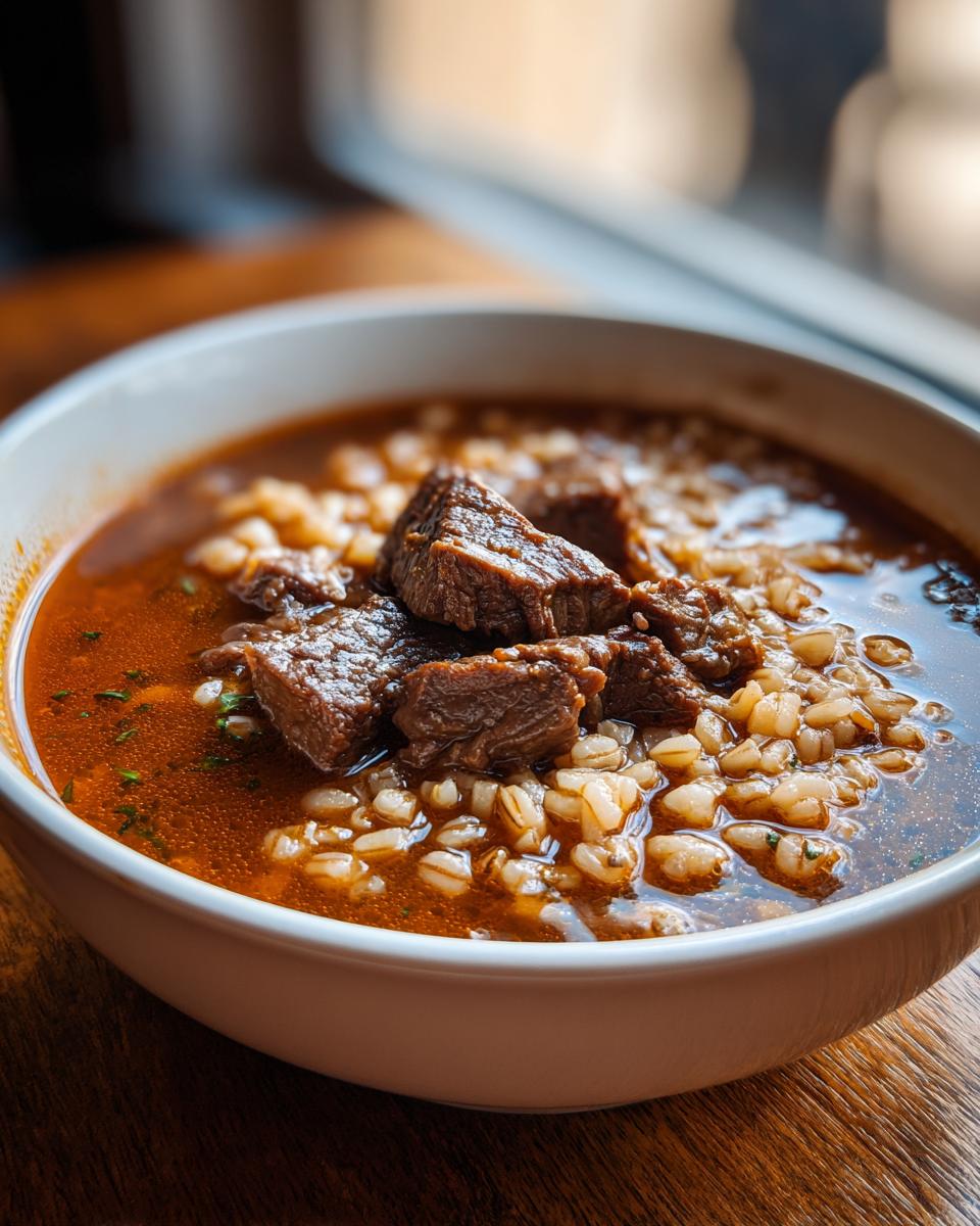 Close-up of a white bowl filled with rich, reddish-brown Beef Barley Soup, topped with large chunks of tender beef and barley.