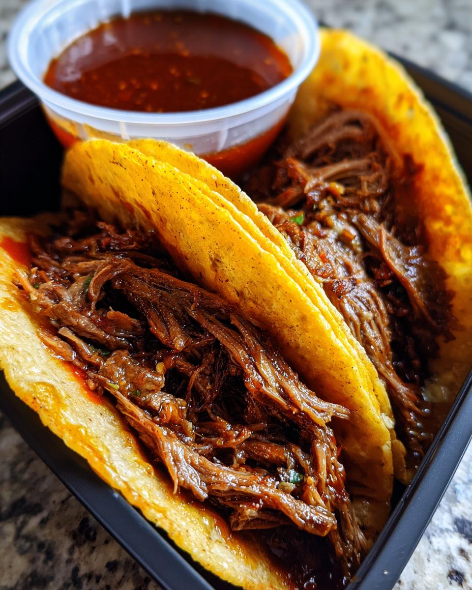 Close-up of two crispy tacos filled with shredded, saucy Beef Birria and a side of dark red consommé.