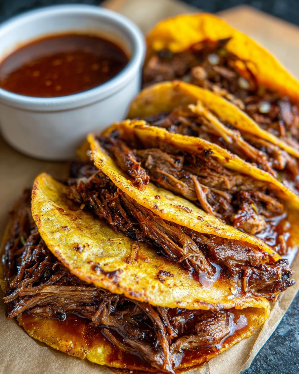 Close-up of crispy tacos filled with shredded Beef Birria meat, served with a side of dark consommé for dipping.