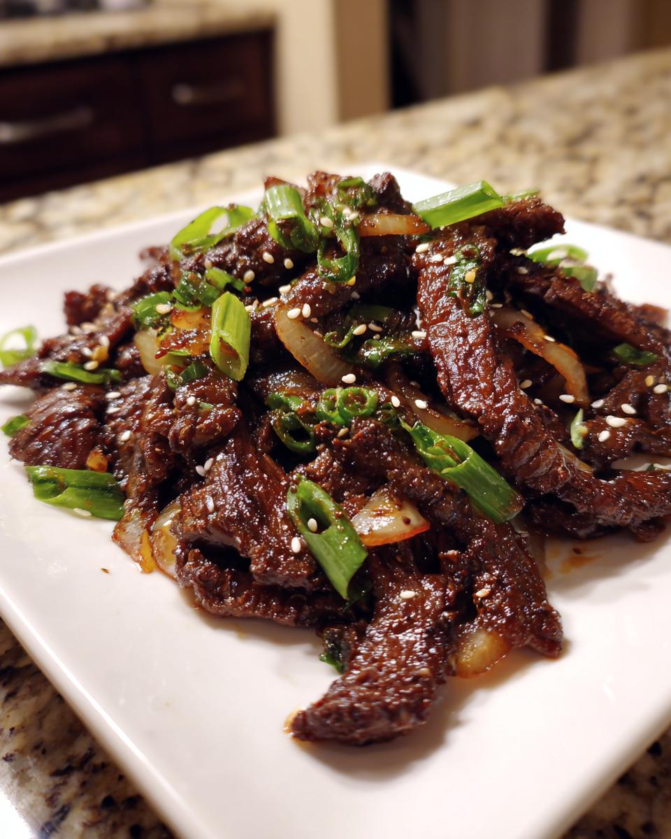 A plate of glossy, dark brown Beef Bulgogi strips garnished with sliced green onions and sesame seeds.