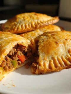 Close-up of golden baked Beef Empanadas With Olives, one cut open revealing savory ground beef and vegetable filling.