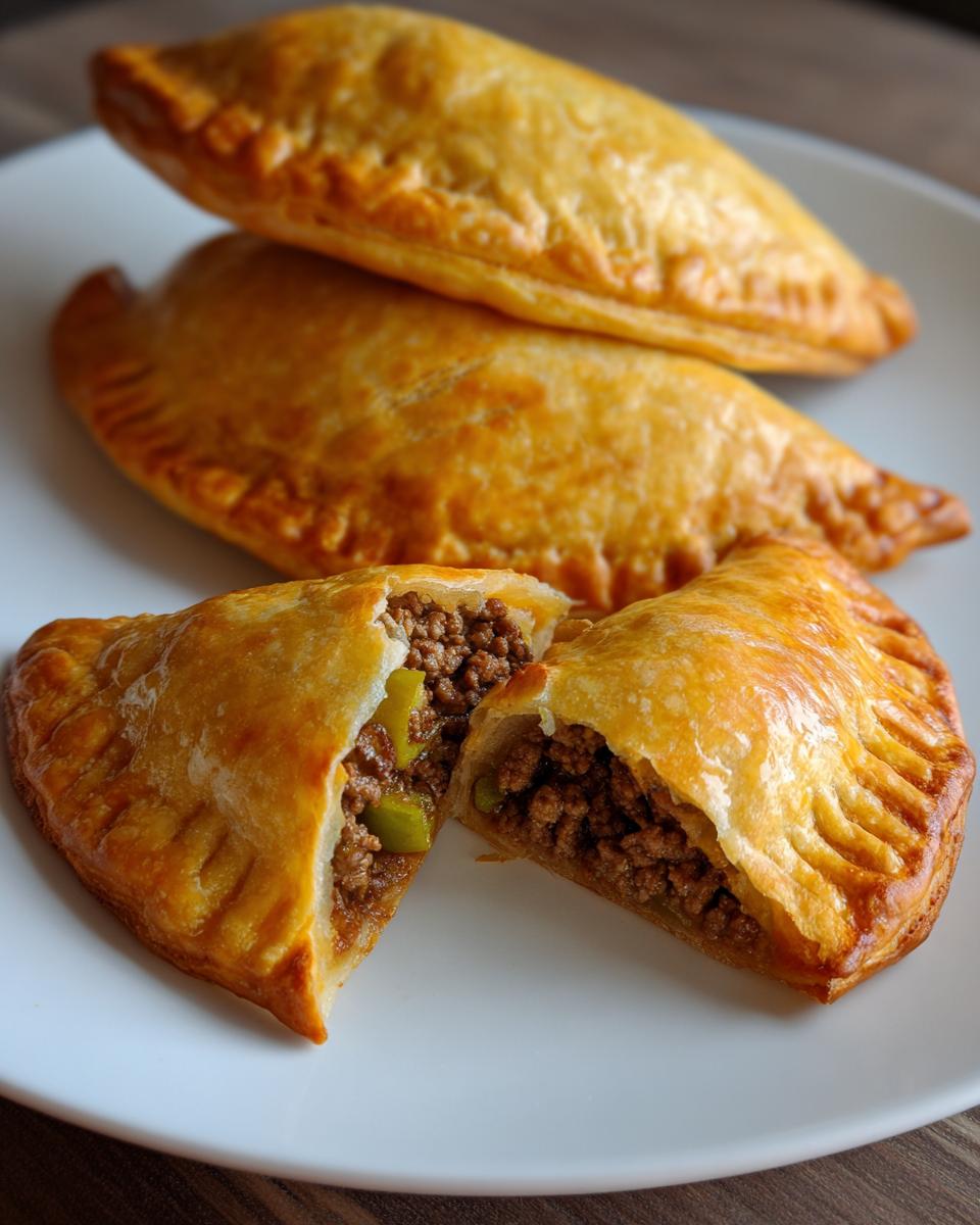Close-up of golden baked Beef Empanadas With Olives, one cut open showing savory ground beef and green pepper filling.