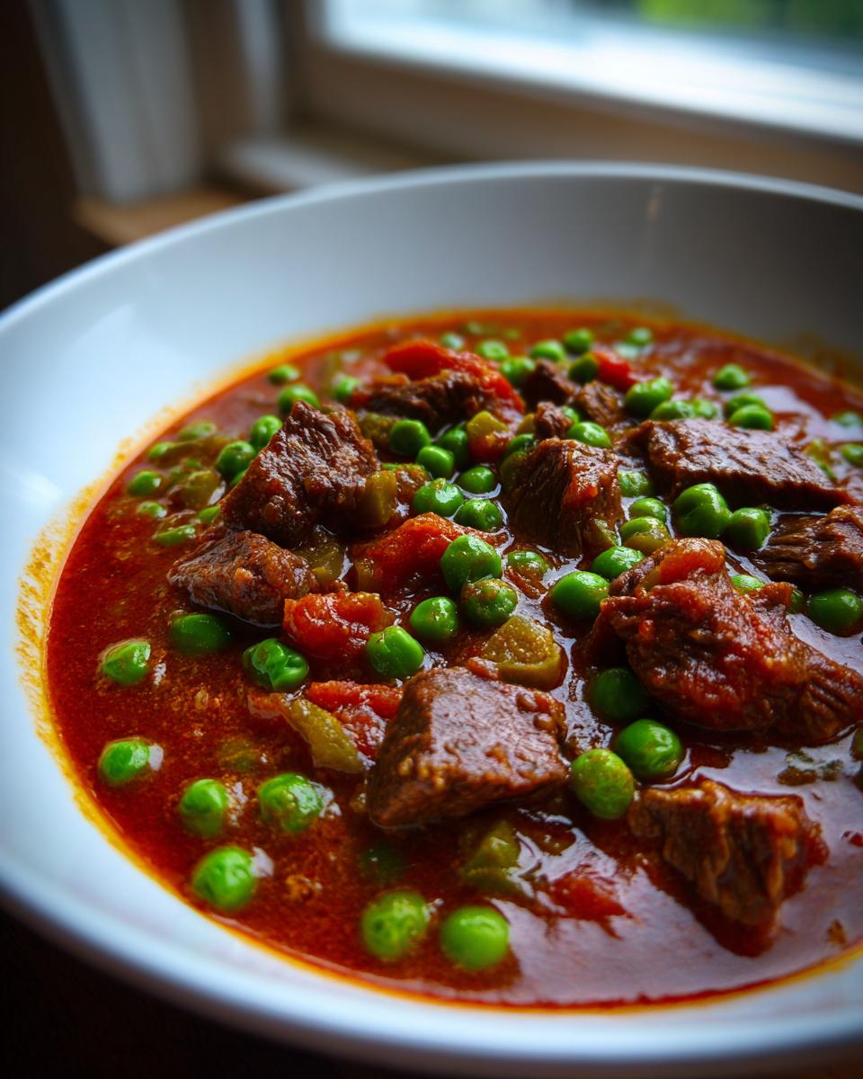 Close-up of rich, red Beef Stew With Sweet Peas And Tomatoes served in a white bowl.