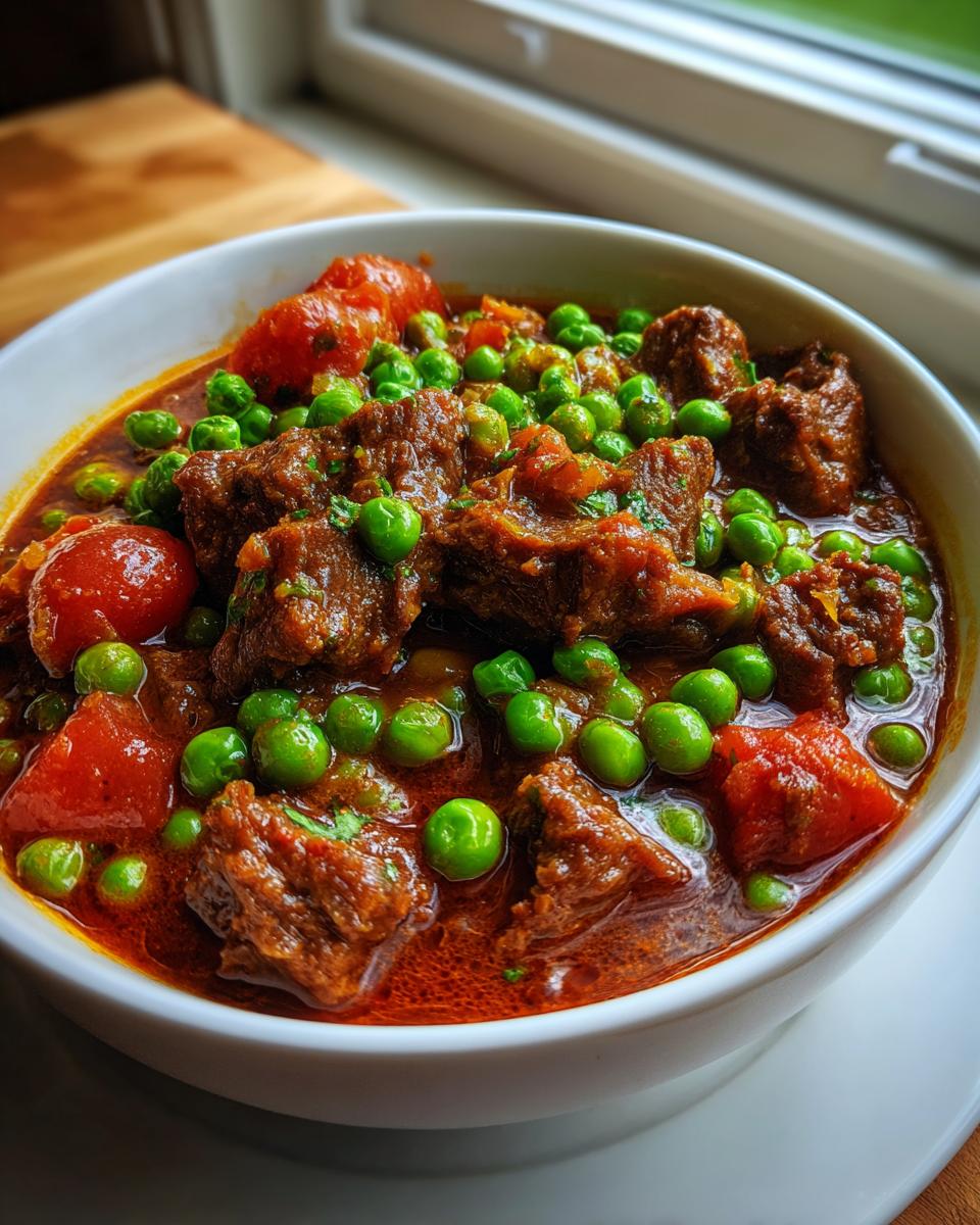 Close-up of tender chunks of Beef Stew With Sweet Peas And Tomatoes in a rich red sauce.