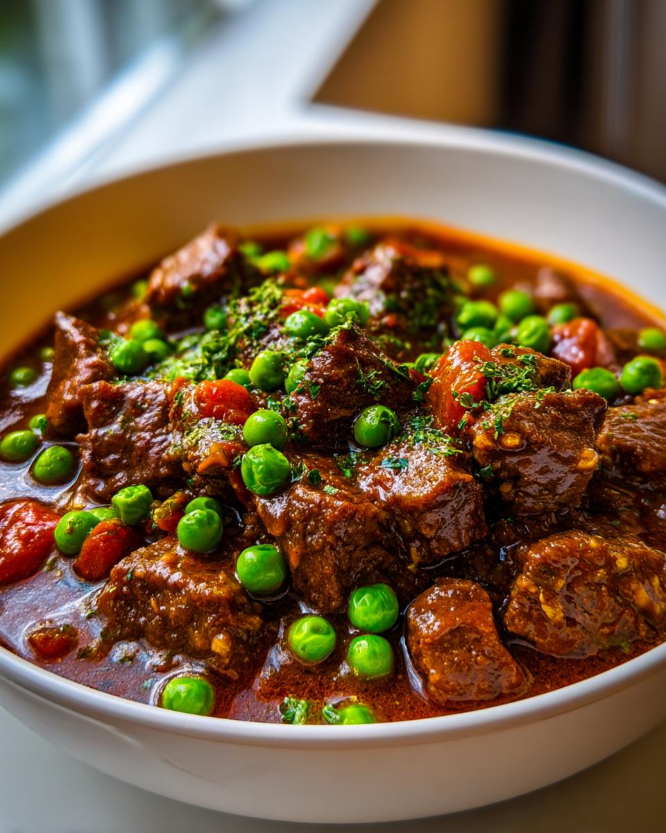 Close-up of tender chunks in a rich sauce for Beef Stew With Sweet Peas And Tomatoes, topped with bright green peas.