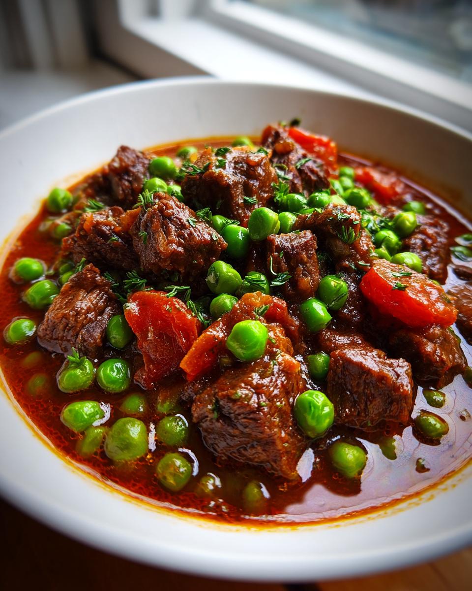Close-up of rich Beef Stew With Sweet Peas And Tomatoes, featuring dark brown beef chunks, bright green peas, and red tomato pieces in a savory sauce.