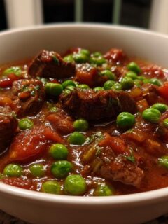 Close-up of rich Beef Stew With Sweet Peas And Tomatoes served in a white bowl, featuring chunks of beef and bright green peas.