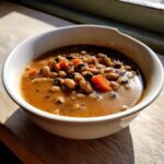 A close-up of a white bowl filled with rich, savory Black Eyed Pea Soup featuring visible black-eyed peas and chunks of orange carrot.