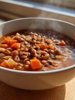 A white bowl filled with hot Black Eyed Pea Soup, featuring visible black-eyed peas, carrots, and onions, steaming slightly.