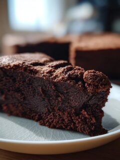 A close-up of a dense, moist slice of Black Magic Chocolate Cake served on a light grey plate.