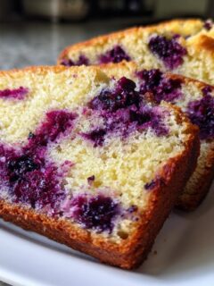 Three slices of moist Blueberry Banana Bread showing vibrant purple blueberries baked into the golden crumb.