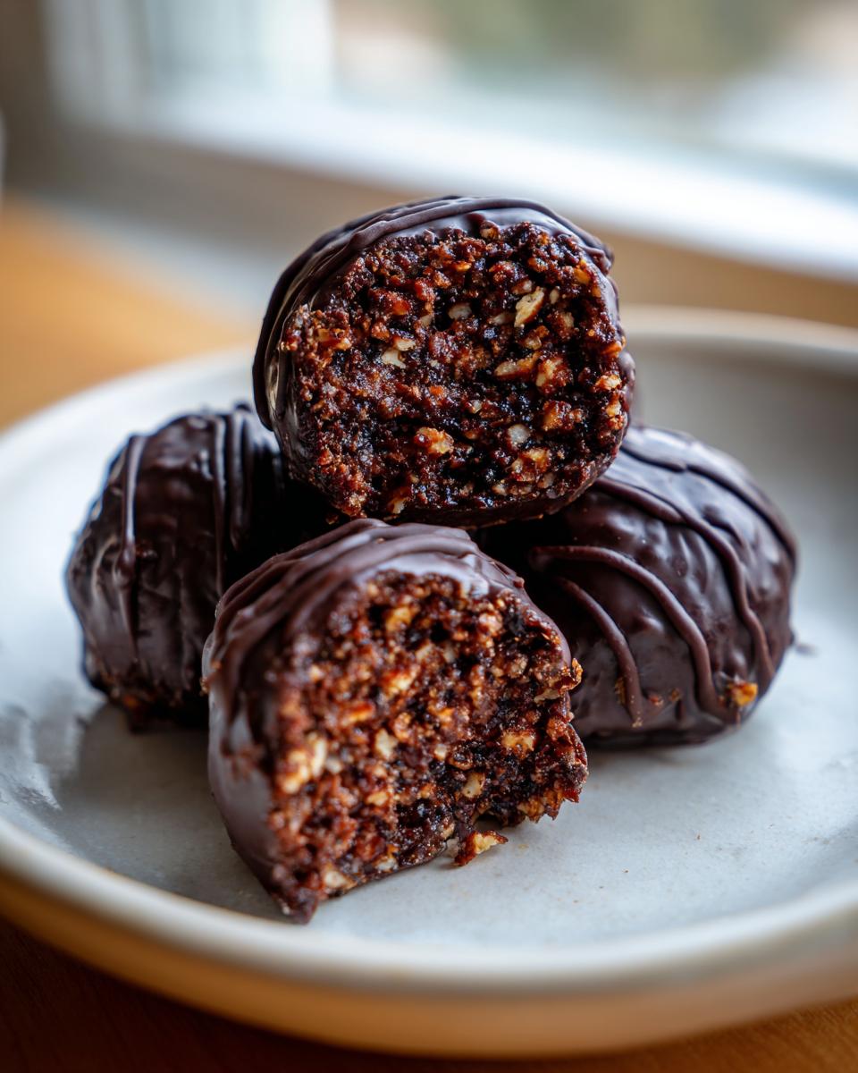 A stack of rich, chocolate-covered Bourbon Balls, one cut in half showing the nutty interior.