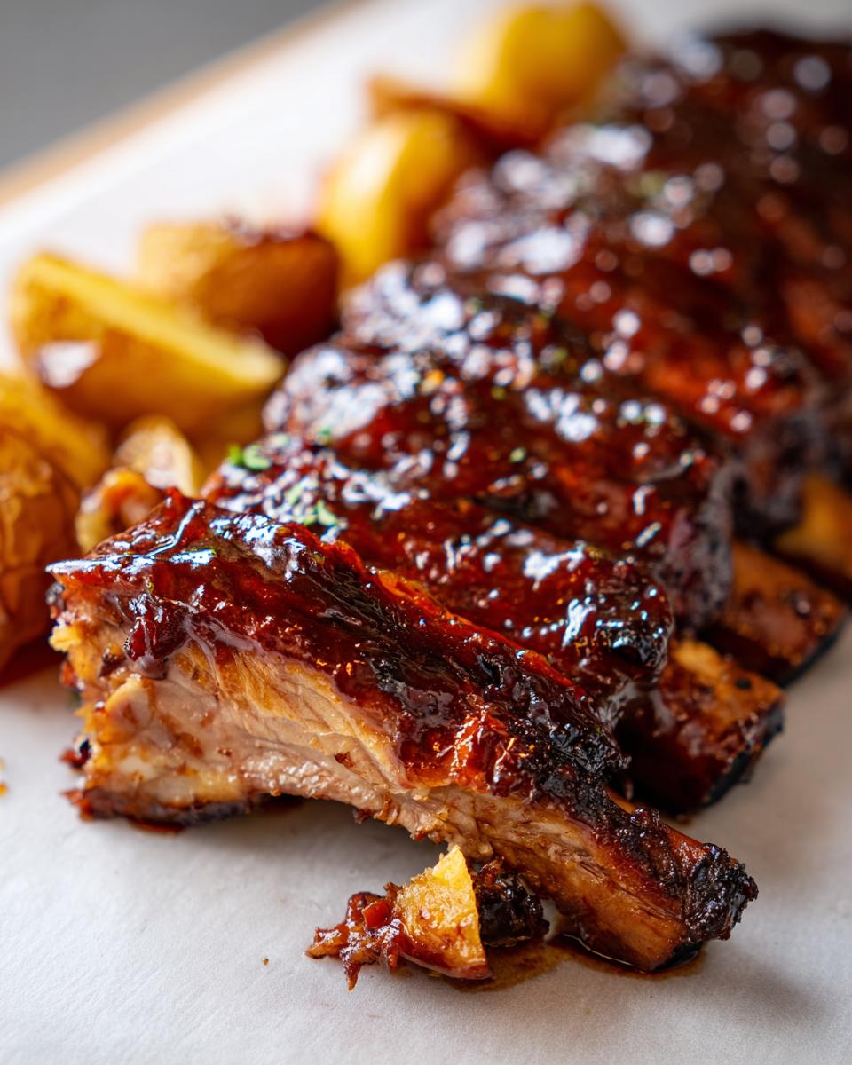 A close-up of tender Braised Apple BBQ Ribs And Potatoes, glistening with a thick, dark BBQ sauce.