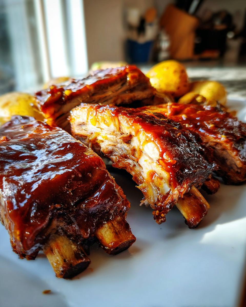 Close-up of tender Braised Apple BBQ Ribs And Potatoes served on a white plate, glistening with sauce.