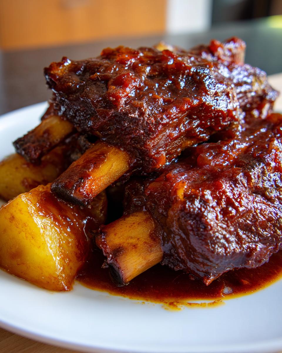 Close-up of tender Braised Apple BBQ Ribs And Potatoes coated in a rich, dark sauce on a white plate.
