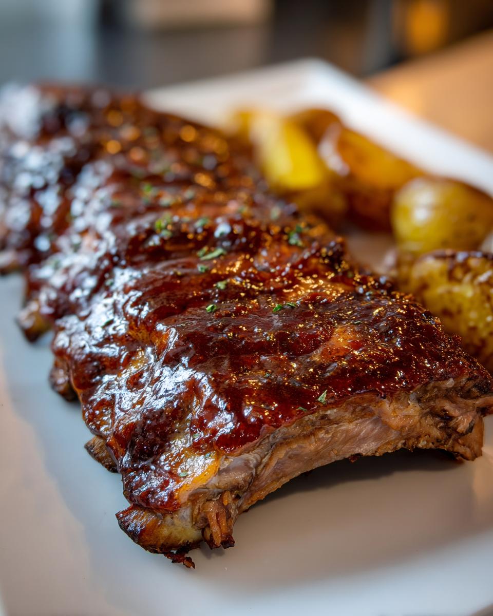 Close-up of tender Braised Apple BBQ Ribs covered in glossy sauce, served alongside roasted potatoes.