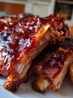 Close-up of tender Braised Apple BBQ Ribs And Potatoes, coated in a thick, glossy BBQ sauce.