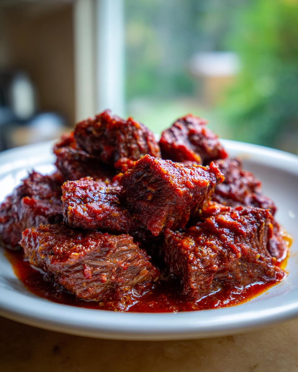 Close-up of tender, dark red chunks of Braised Steak Ragu piled on a white plate, glistening with sauce.